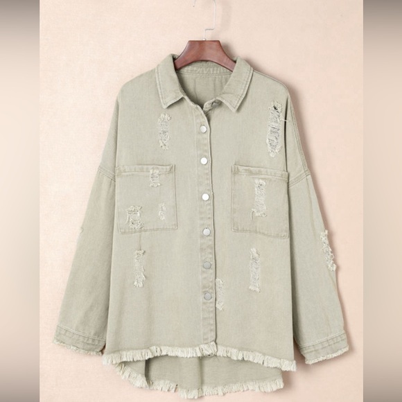 Olive Green Distressed with Frayed Hem Button Down Denim Jacket, Relaxed Fit, M - Picture 10 of 14
